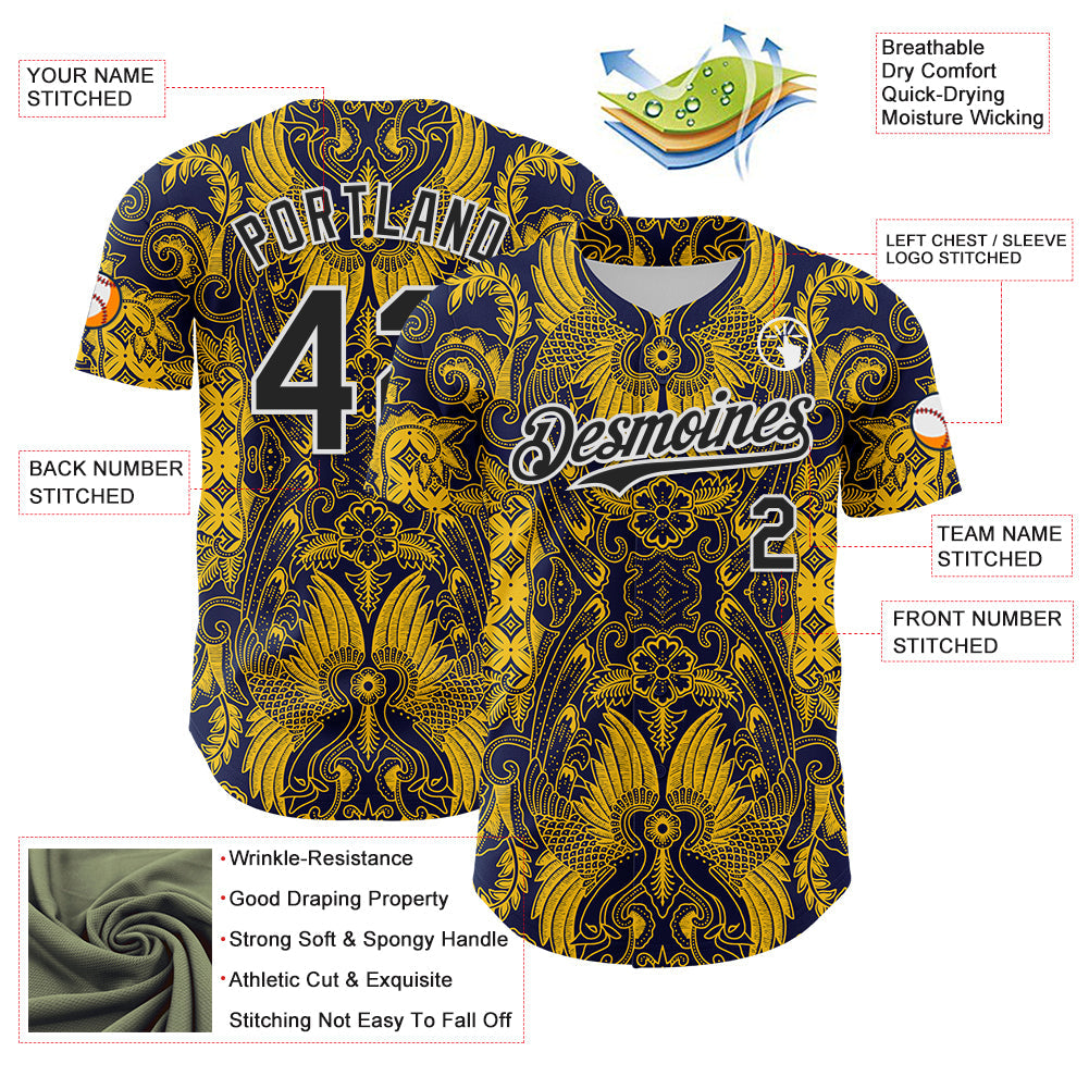 Custom Navy Black Yellow-White 3D Pattern Design Burner Costumes Paisley Authentic Baseball Jersey - Sky-Custom