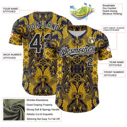 Custom Navy Black Yellow-White 3D Pattern Design Burner Costumes Paisley Authentic Baseball Jersey - Sky-Custom