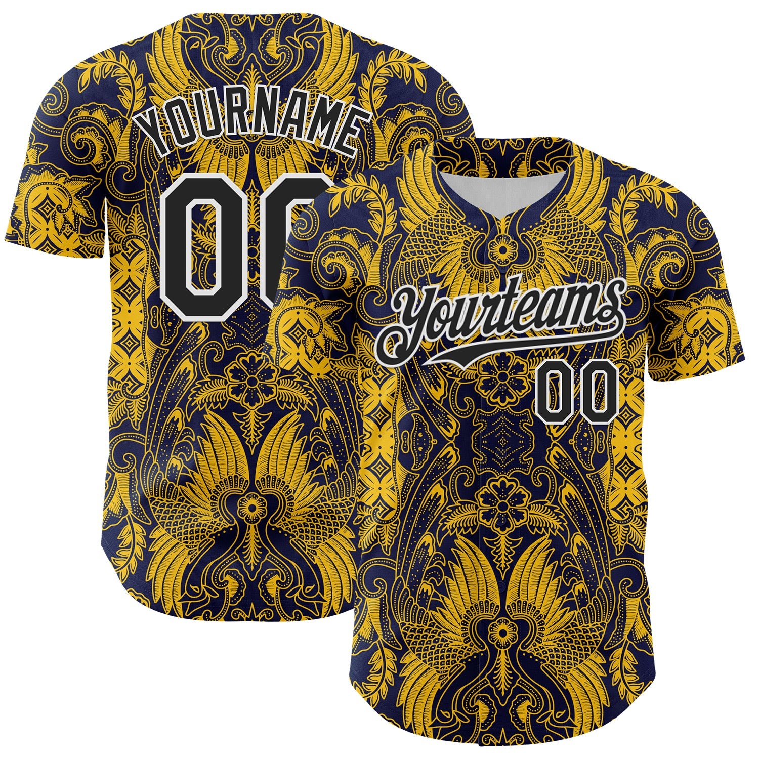Custom Navy Black Yellow-White 3D Pattern Design Burner Costumes Paisley Authentic Baseball Jersey - Sky-Custom