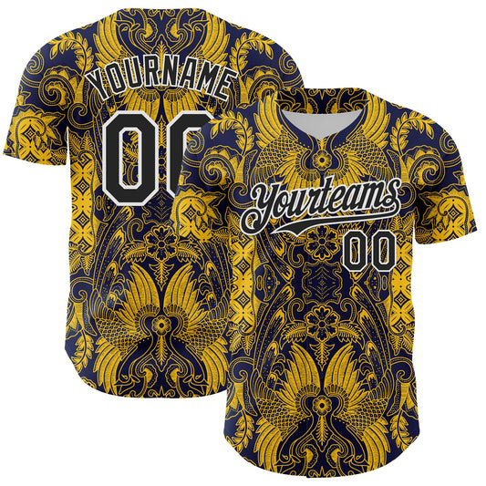 Custom Navy Black Yellow-White 3D Pattern Design Burner Costumes Paisley Authentic Baseball Jersey - Sky-Custom