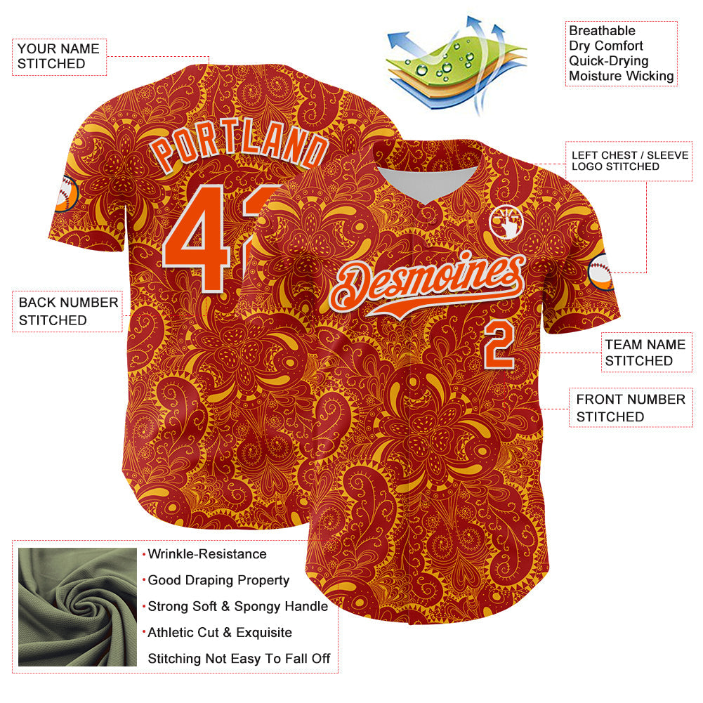 Custom Red Orange Gold-White 3D Pattern Design Burner Costumes Paisley Authentic Baseball Jersey - Sky-Custom