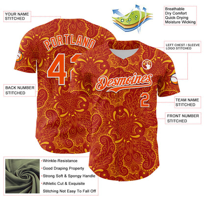 Custom Red Orange Gold-White 3D Pattern Design Burner Costumes Paisley Authentic Baseball Jersey - Sky-Custom