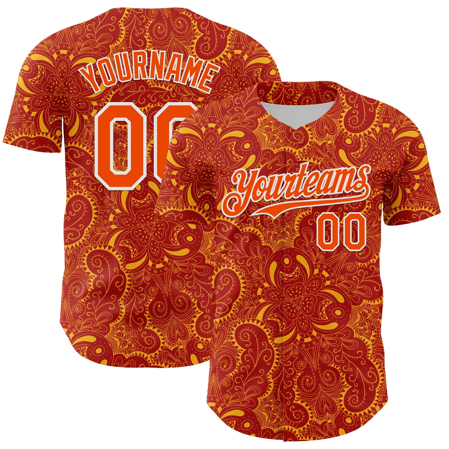 Custom Red Orange Gold-White 3D Pattern Design Burner Costumes Paisley Authentic Baseball Jersey - Sky-Custom