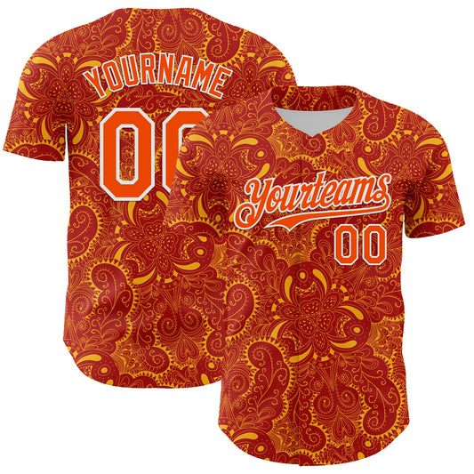 Custom Red Orange Gold-White 3D Pattern Design Burner Costumes Paisley Authentic Baseball Jersey - Sky-Custom