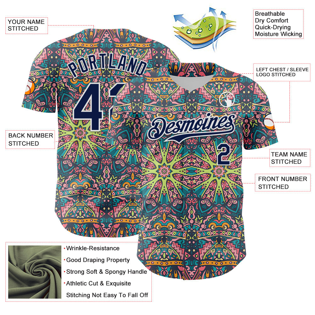 Custom Green Navy-White 3D Pattern Design Burner Costumes Psychedelic Authentic Baseball Jersey - Sky-Custom