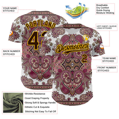Custom White Brown Red-Yellow 3D Pattern Design Burner Costumes Exotic Authentic Baseball Jersey - Sky-Custom