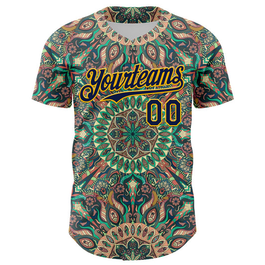 Custom Green Navy-Gold 3D Pattern Design Burner Costumes Psychedelic Authentic Baseball Jersey - Sky-Custom