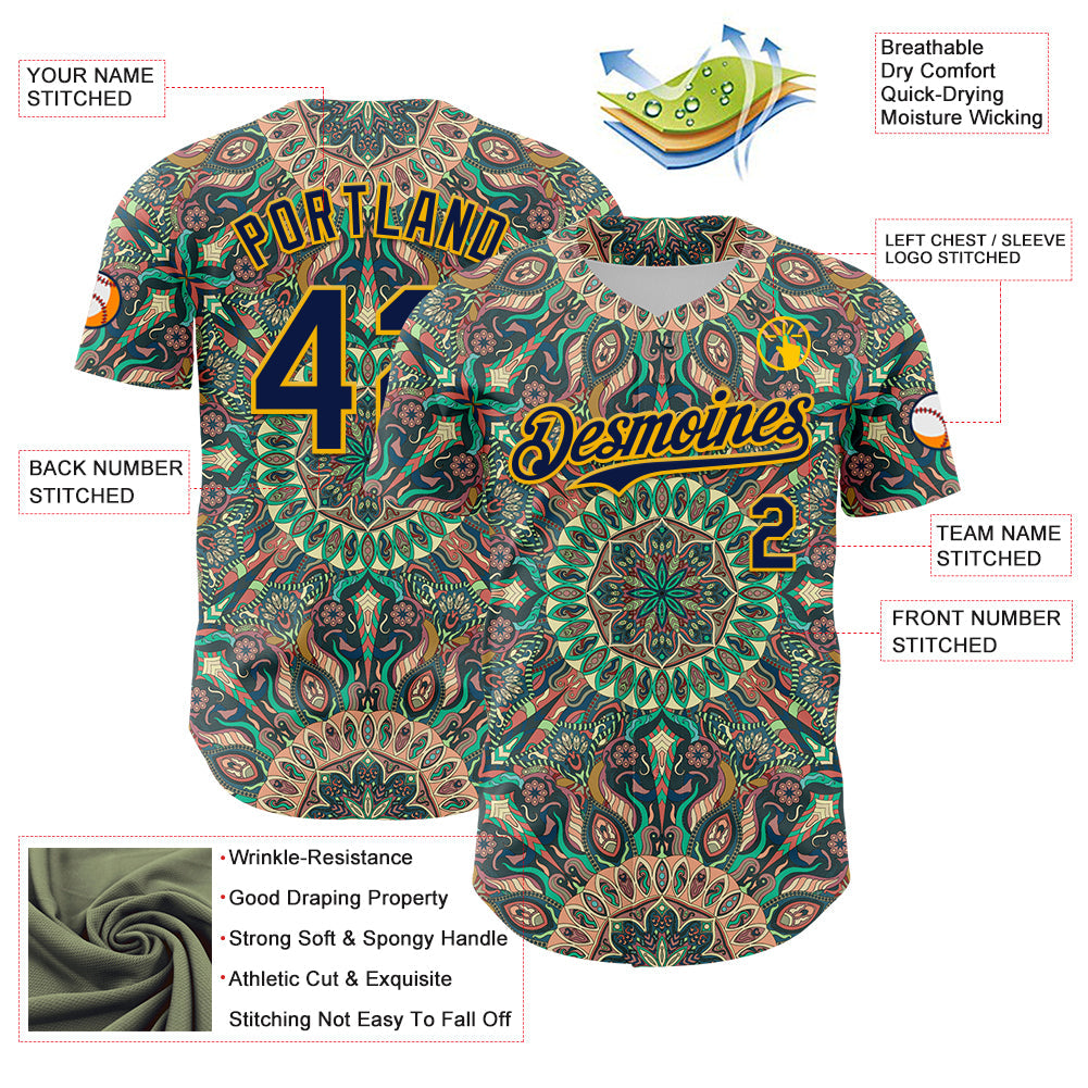 Custom Green Navy-Gold 3D Pattern Design Burner Costumes Psychedelic Authentic Baseball Jersey - Sky-Custom