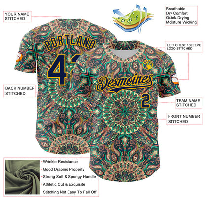 Custom Green Navy-Gold 3D Pattern Design Burner Costumes Psychedelic Authentic Baseball Jersey - Sky-Custom