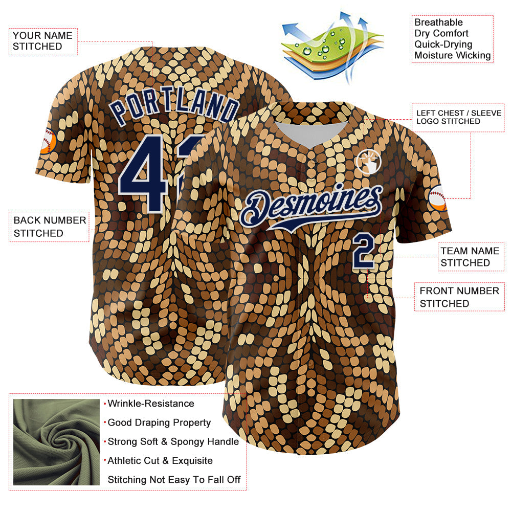 Custom Brown Navy-White 3D Pattern Design Burner Costumes Snake Print Authentic Baseball Jersey - Sky-Custom