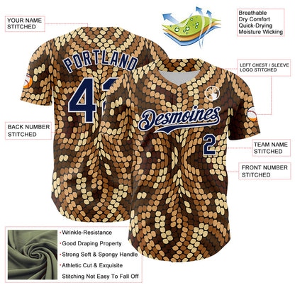 Custom Brown Navy-White 3D Pattern Design Burner Costumes Snake Print Authentic Baseball Jersey - Sky-Custom
