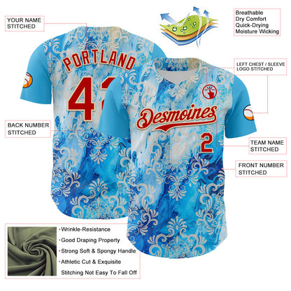 Custom Sky Blue Red-Cream 3D Pattern Design Burner Costumes Paisley Bandana Authentic Baseball Jersey - Sky-Custom