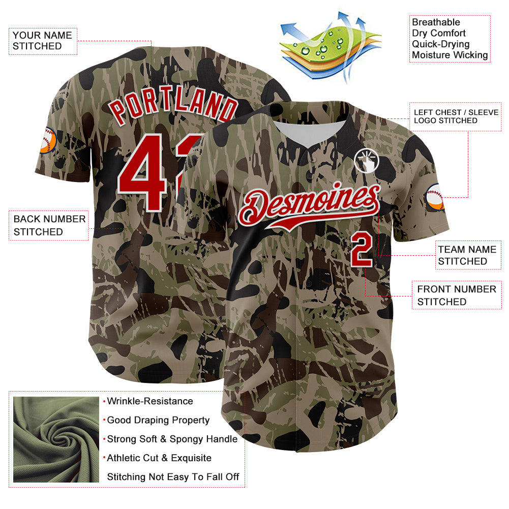 Custom Camo Red-White 3D Pattern Design Burner Costumes Grunge Camo Authentic Salute To Service Baseball Jersey - Sky-Custom