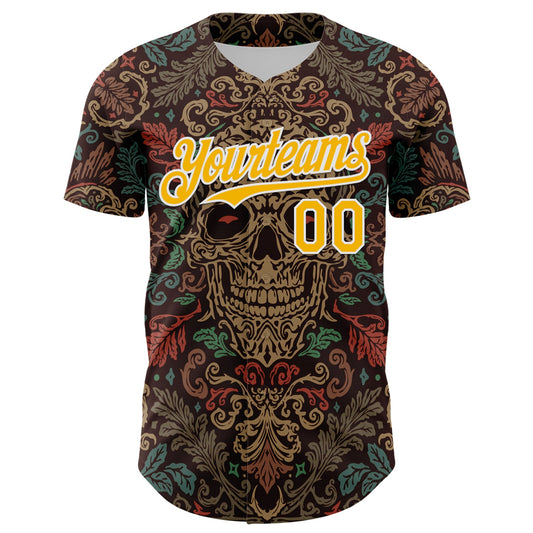Custom Brown Gold-White 3D Pattern Design Burner Costumes Skull Floral Authentic Baseball Jersey - Sky-Custom
