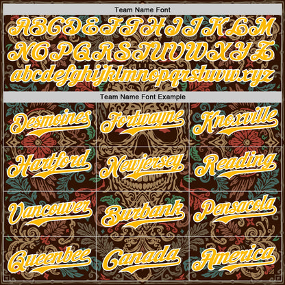 Custom Brown Gold-White 3D Pattern Design Burner Costumes Skull Floral Authentic Baseball Jersey - Sky-Custom