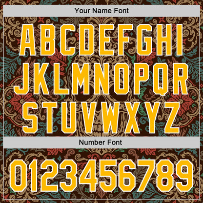 Custom Brown Gold-White 3D Pattern Design Burner Costumes Skull Floral Authentic Baseball Jersey - Sky-Custom