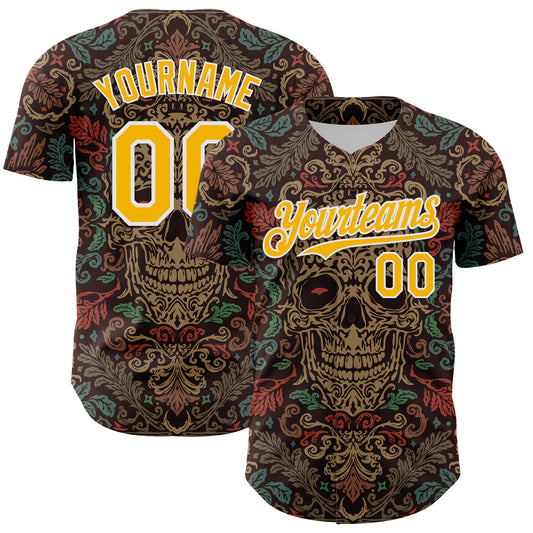 Custom Brown Gold-White 3D Pattern Design Burner Costumes Skull Floral Authentic Baseball Jersey - Sky-Custom