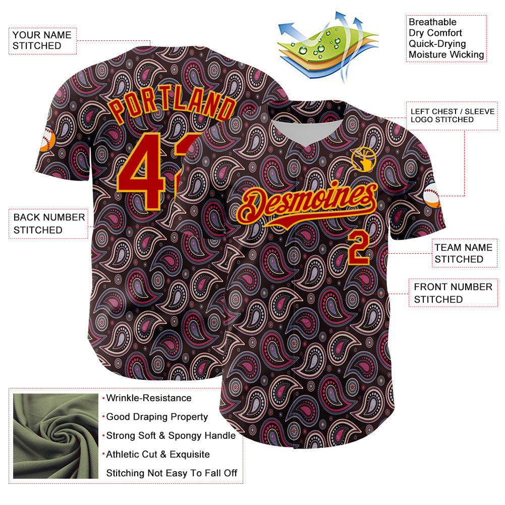Custom Brown Red-Gold 3D Pattern Design Burner Costumes Paisley Bandana Authentic Baseball Jersey - Sky-Custom