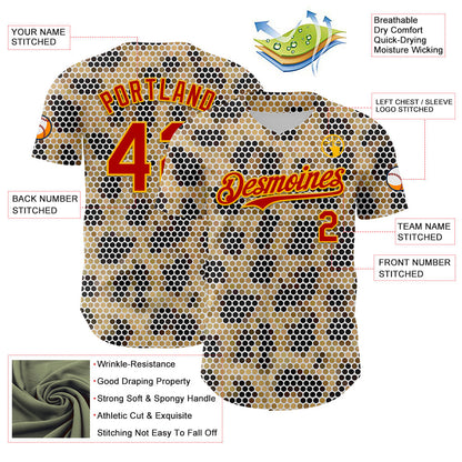 Custom Cream Red-Gold 3D Pattern Design Burner Costumes Leopard Mosaic Authentic Baseball Jersey - Sky-Custom