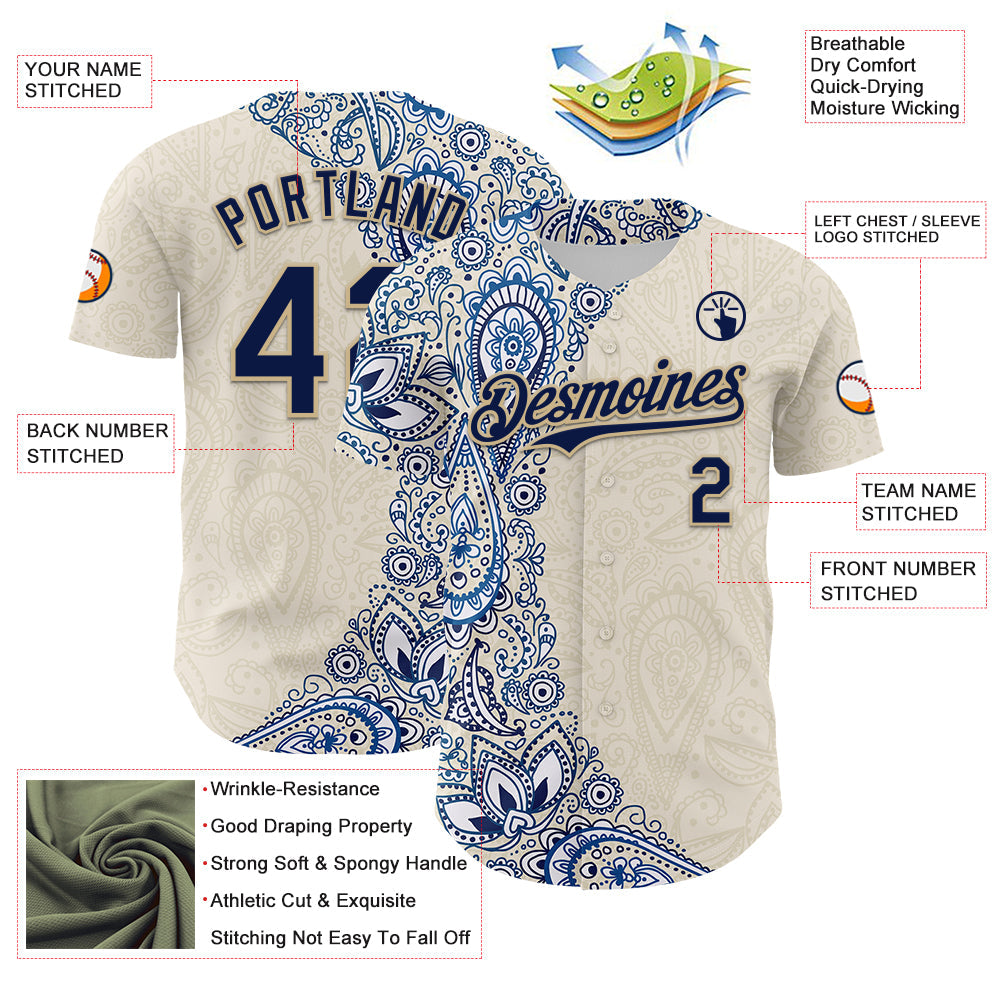 Custom Cream Navy Royal-Vegas Gold 3D Pattern Design Burner Costumes Paisley Authentic Baseball Jersey - Sky-Custom