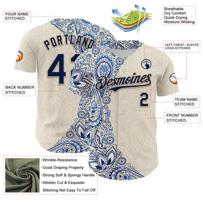 Custom Cream Navy Royal-Vegas Gold 3D Pattern Design Burner Costumes Paisley Authentic Baseball Jersey - Sky-Custom
