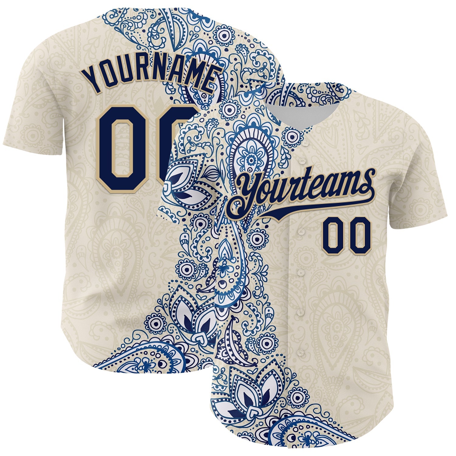 Custom Cream Navy Royal-Vegas Gold 3D Pattern Design Burner Costumes Paisley Authentic Baseball Jersey - Sky-Custom