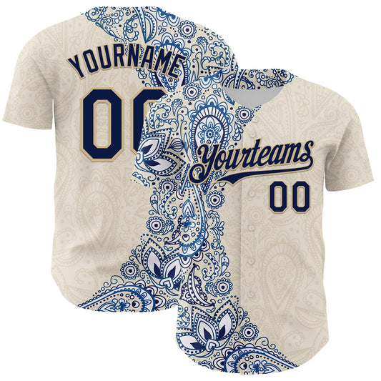 Custom Cream Navy Royal-Vegas Gold 3D Pattern Design Burner Costumes Paisley Authentic Baseball Jersey - Sky-Custom
