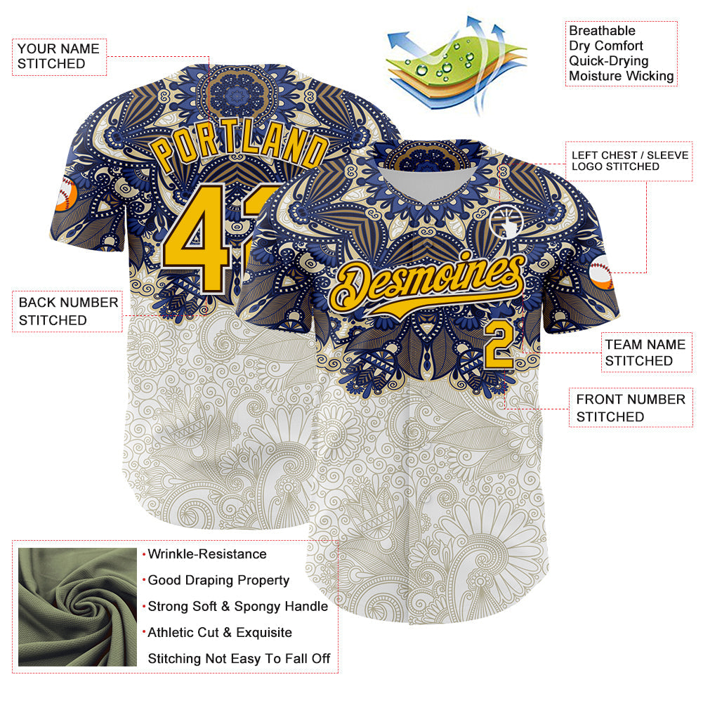 Custom White Yellow-Brown 3D Pattern Design Burner Costumes Paisley Authentic Baseball Jersey - Sky-Custom