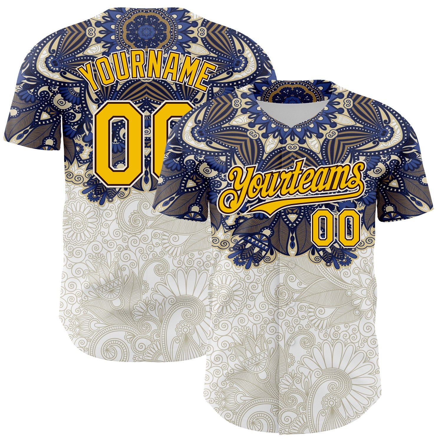 Custom White Yellow-Brown 3D Pattern Design Burner Costumes Paisley Authentic Baseball Jersey - Sky-Custom