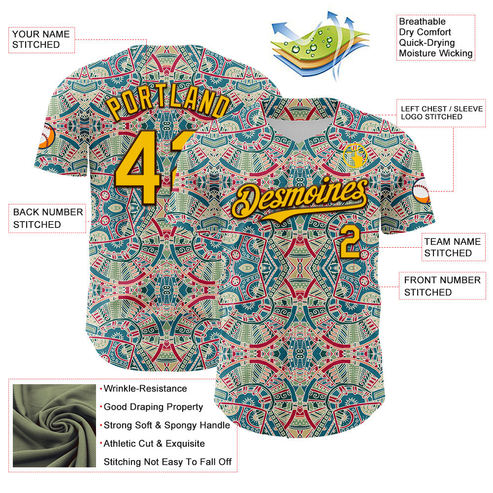 Custom Green Yellow-Brown 3D Pattern Design Burner Costumes Exotic Authentic Baseball Jersey - Sky-Custom