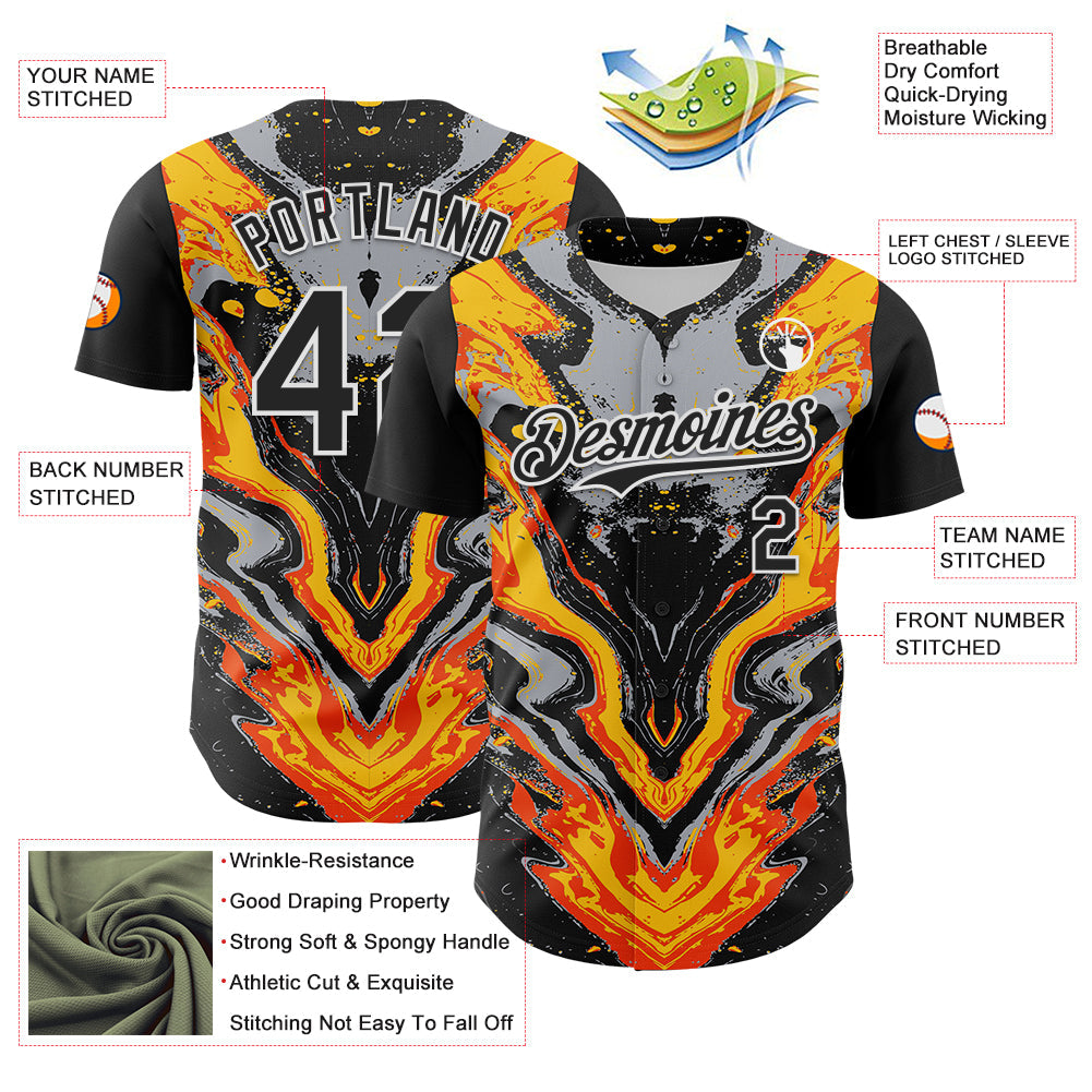 Custom Black Gray Orange Yellow-White 3D Pattern Design Rave Party Marble Lava Authentic Baseball Jersey - Sky-Custom