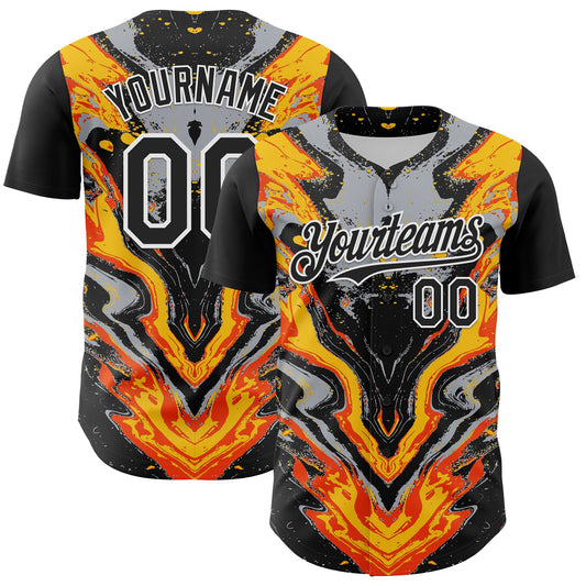 Custom Black Gray Orange Yellow-White 3D Pattern Design Rave Party Marble Lava Authentic Baseball Jersey - Sky-Custom