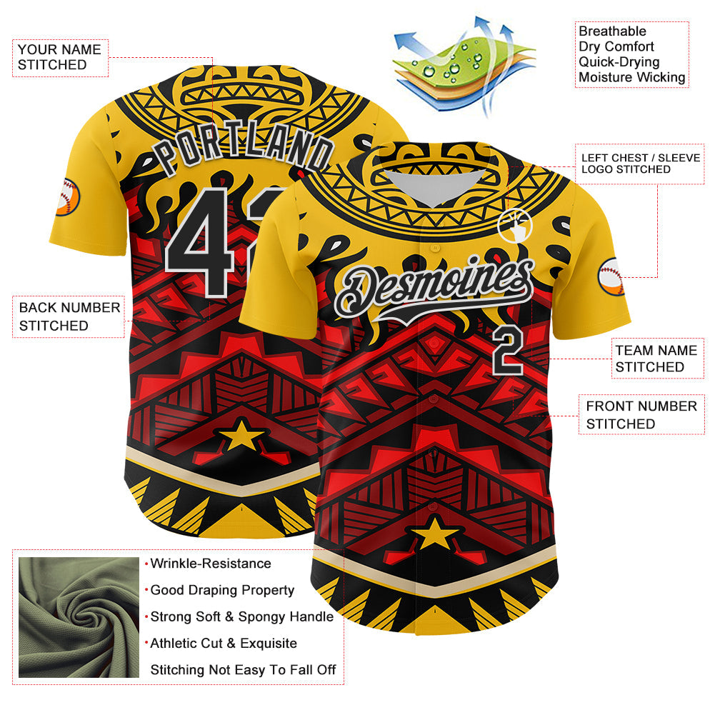 Custom Yellow Black Red-White 3D Pattern Design Rave Party Tribal Authentic Baseball Jersey - Sky-Custom