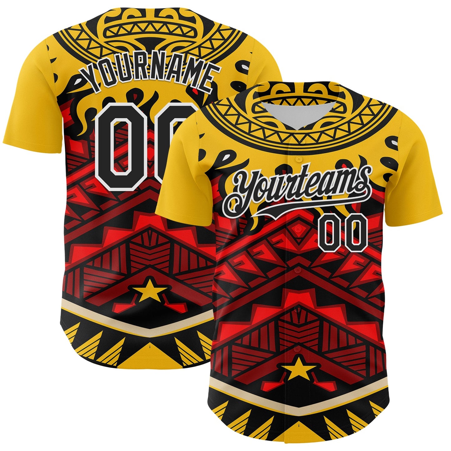 Custom Yellow Black Red-White 3D Pattern Design Rave Party Tribal Authentic Baseball Jersey - Sky-Custom