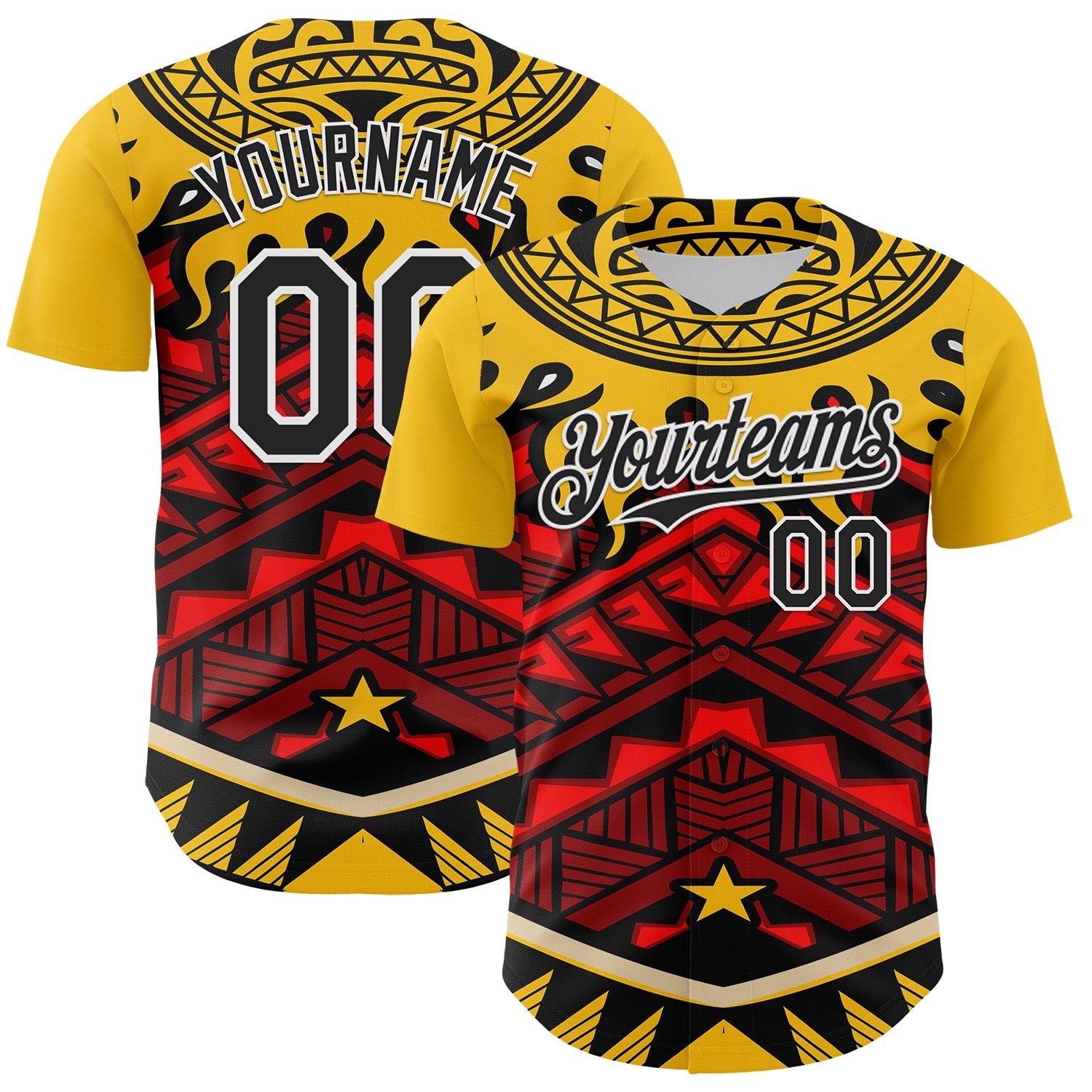 Custom Yellow Black Red-White 3D Pattern Design Rave Party Tribal Authentic Baseball Jersey - Sky-Custom