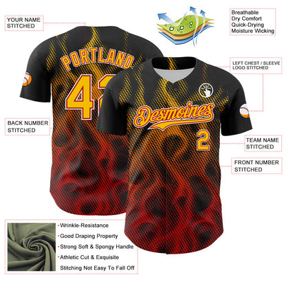Custom Black Yellow Red-White 3D Pattern Design Rave Party Flame Authentic Baseball Jersey - Sky-Custom
