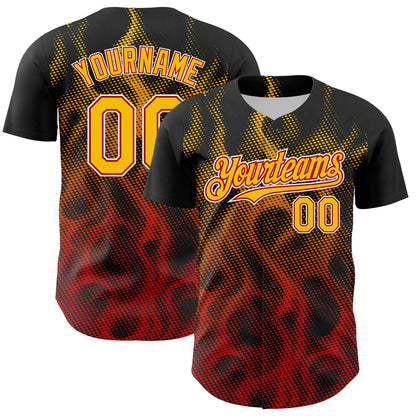 Custom Black Yellow Red-White 3D Pattern Design Rave Party Flame Authentic Baseball Jersey - Sky-Custom