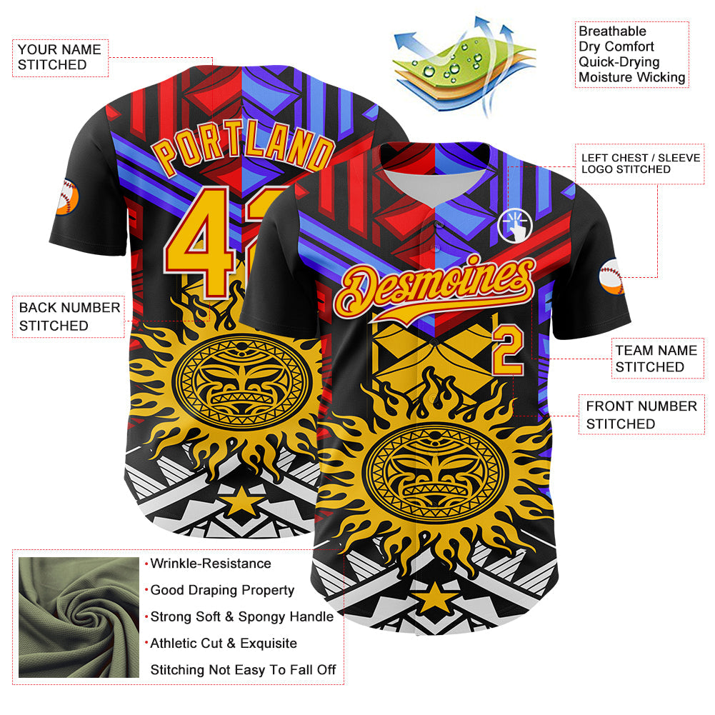 Custom Black Yellow Red-White 3D Pattern Design Rave Party Sun Tribal Authentic Baseball Jersey - Sky-Custom