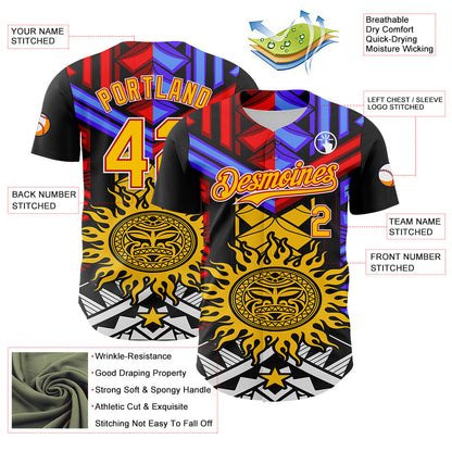Custom Black Yellow Red-White 3D Pattern Design Rave Party Sun Tribal Authentic Baseball Jersey - Sky-Custom
