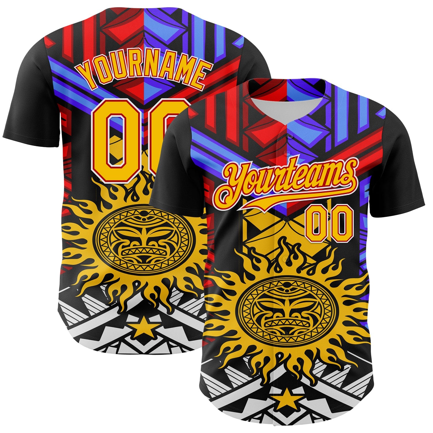 Custom Black Yellow Red-White 3D Pattern Design Rave Party Sun Tribal Authentic Baseball Jersey - Sky-Custom