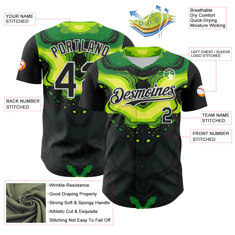 Custom Black Green-White 3D Pattern Design Rave Party Poison Liquid Authentic Baseball Jersey - Sky-Custom