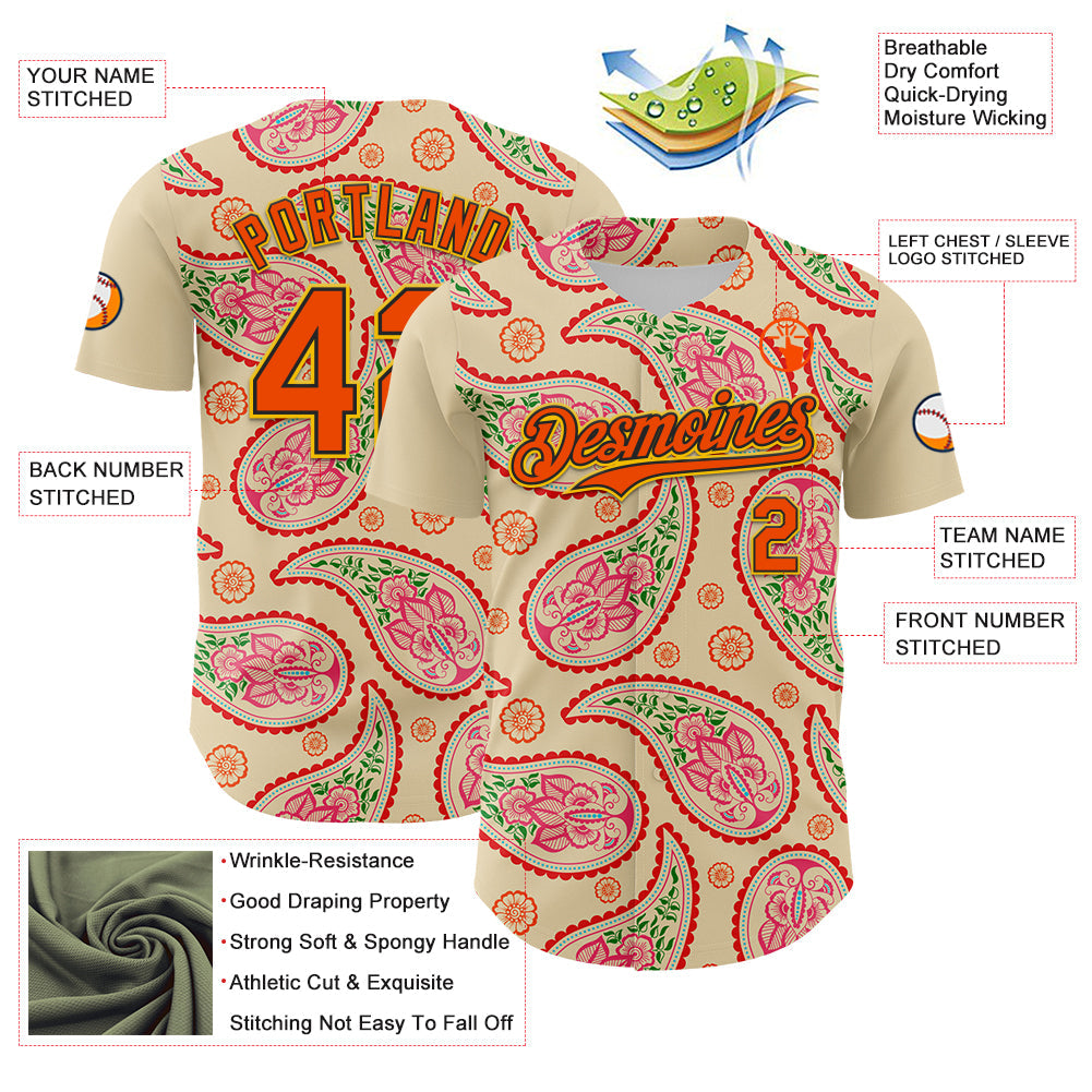 Custom Cream Orange Black-Yellow 3D Pattern Design Rave Party Paisley Bandana Authentic Baseball Jersey - Sky-Custom