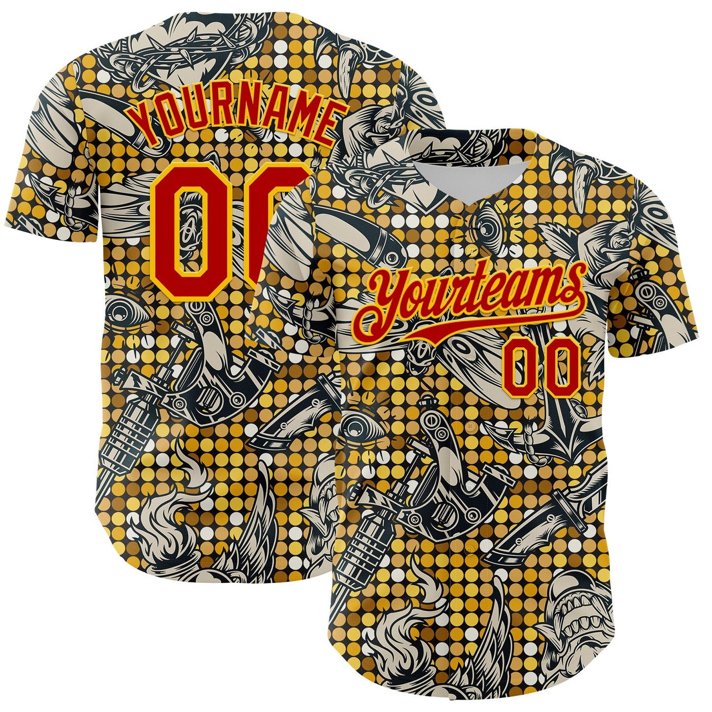 Custom Black Red-Yellow 3D Pattern Design Rave Party Tattoos Disco Authentic Baseball Jersey - Sky-Custom