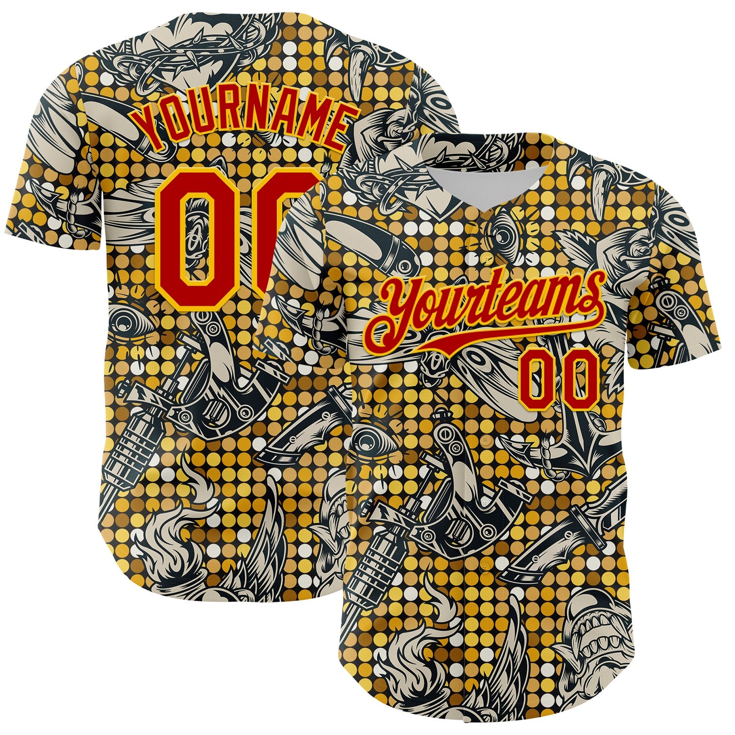 Custom Black Red-Yellow 3D Pattern Design Rave Party Tattoos Disco Authentic Baseball Jersey - Sky-Custom