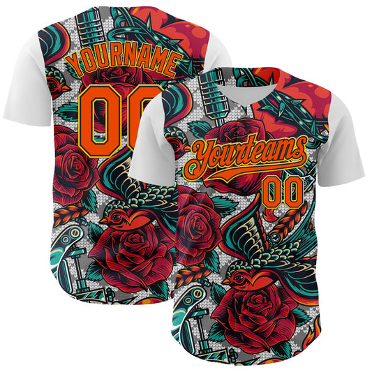 Custom White Orange Black-Yellow 3D Pattern Design Rave Party Roses Vintage Tattoos Authentic Baseball Jersey - Sky-Custom