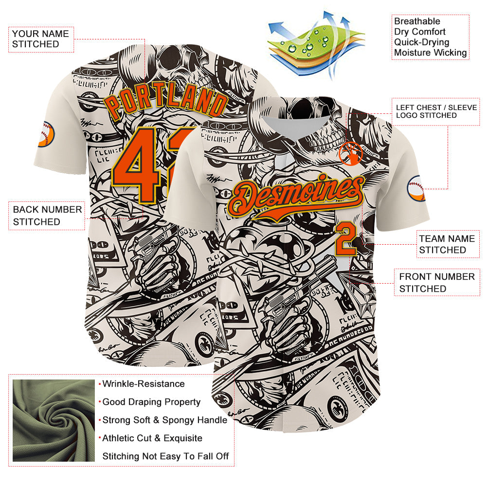 Custom White Orange Black-Yellow 3D Pattern Design Rave Party Vintage Cash Money Authentic Baseball Jersey - Sky-Custom