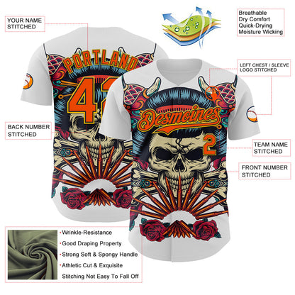Custom White Orange Black-Yellow 3D Pattern Design Rave Party Vintage Geisha Skull Authentic Baseball Jersey - Sky-Custom