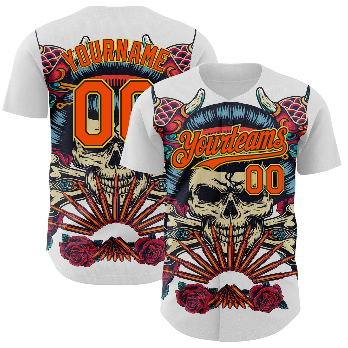 Custom White Orange Black-Yellow 3D Pattern Design Rave Party Vintage Geisha Skull Authentic Baseball Jersey - Sky-Custom