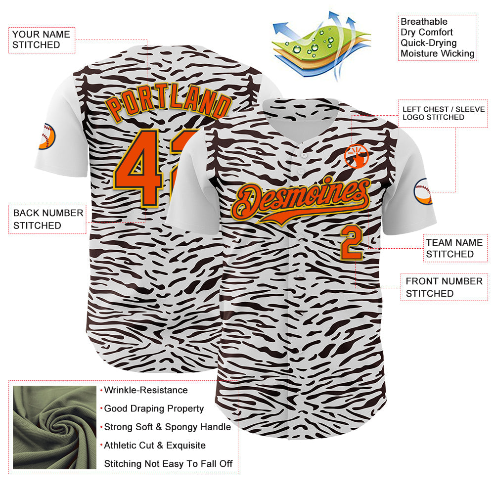 Custom White Orange Black-Yellow 3D Pattern Design Rave Party Animal Zebra Print Authentic Baseball Jersey - Sky-Custom