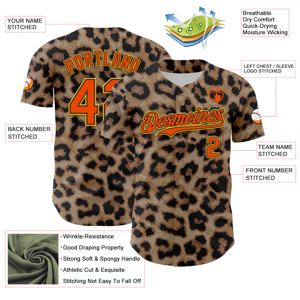 Custom Brown Orange Black-Yellow 3D Pattern Design Rave Party Animal Leopard Print Authentic Baseball Jersey - Sky-Custom